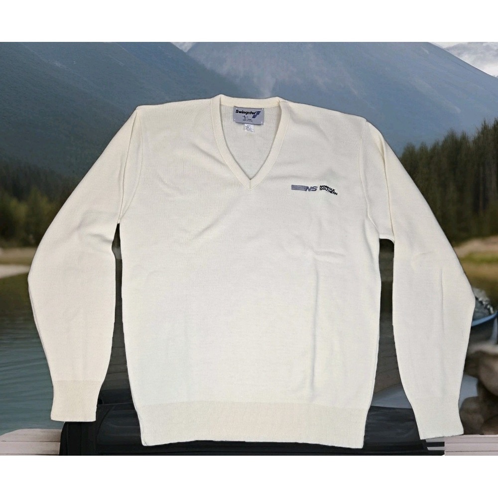 Norfolk Southern Sweater Mens Large L Ivory Swingster V Neck Acrylic‎ Made USA
